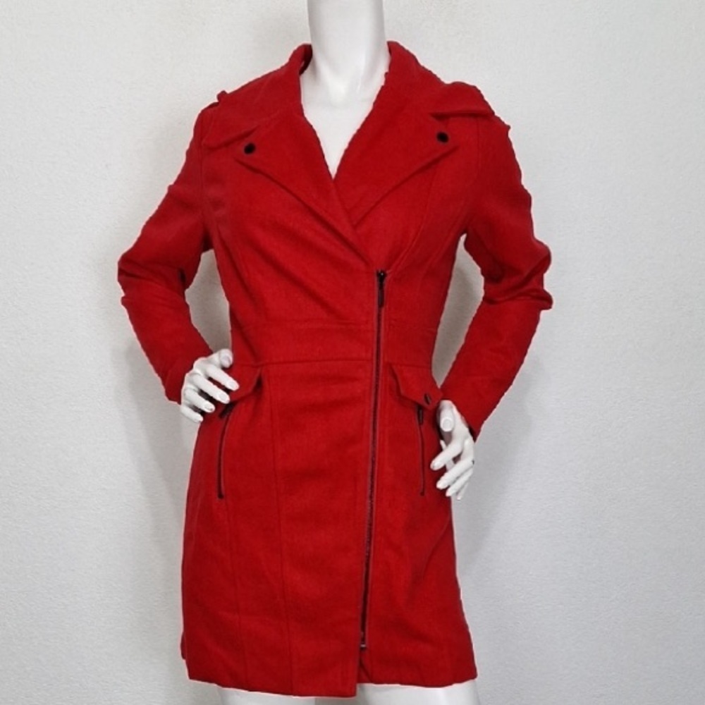 Yoki "NEW" Red Romantic Preppy Wool Blend Notch Collar Zip Trench Coat Size S
